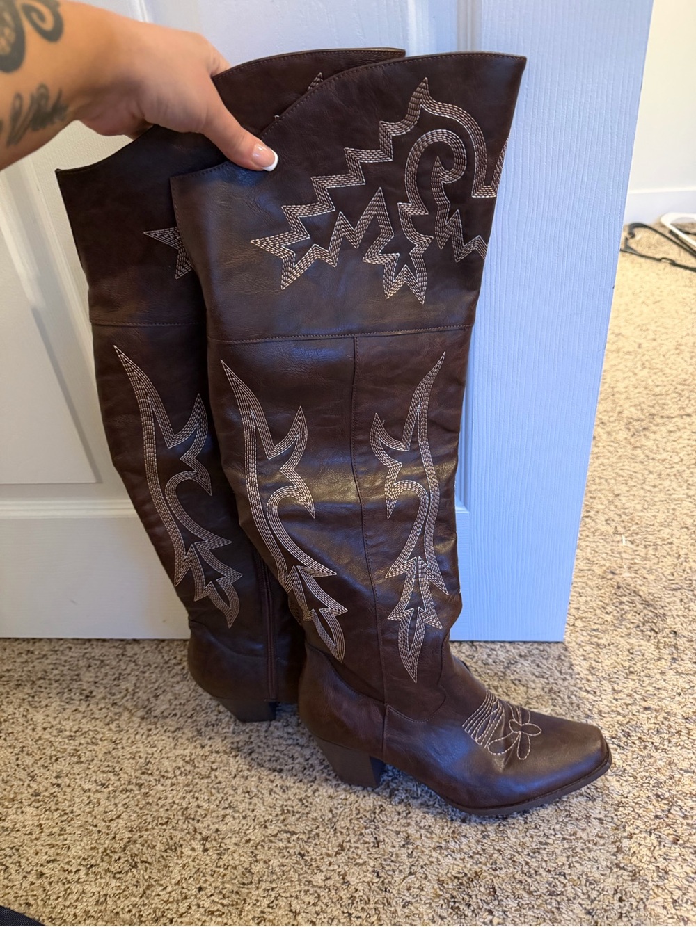 Brown Embroidered Knee-High Cowboy Boots